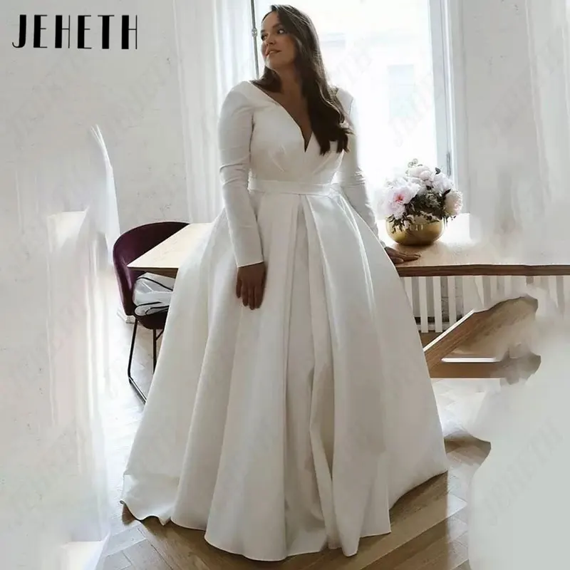 JEHETH Full 2025 Sleeves V-Neck Wedding new Dresses Plus Size Simple A-Line Satin Bridal Gowns For Woman Sexy Classic Vestido De Mariages