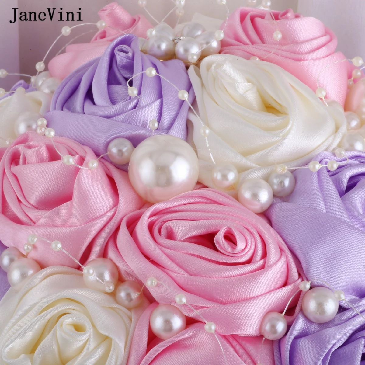 JaneVini Charming Korean Pink Purple Wedding Flowers Bridal Bouquets with Pearls Artificial Satin Roses Bouquet Bride Decoration