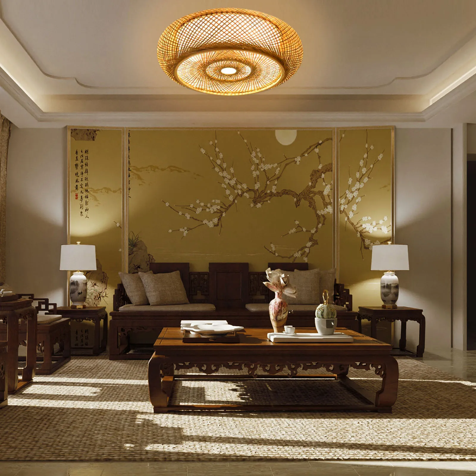 E27 Bamboo Flush Mount new Ceiling Light Rustic Rattan Ceiling Fixture Hanging Lamp 3-Lamp 2025 110V/220V 40/50cm (Bulb Not Included)