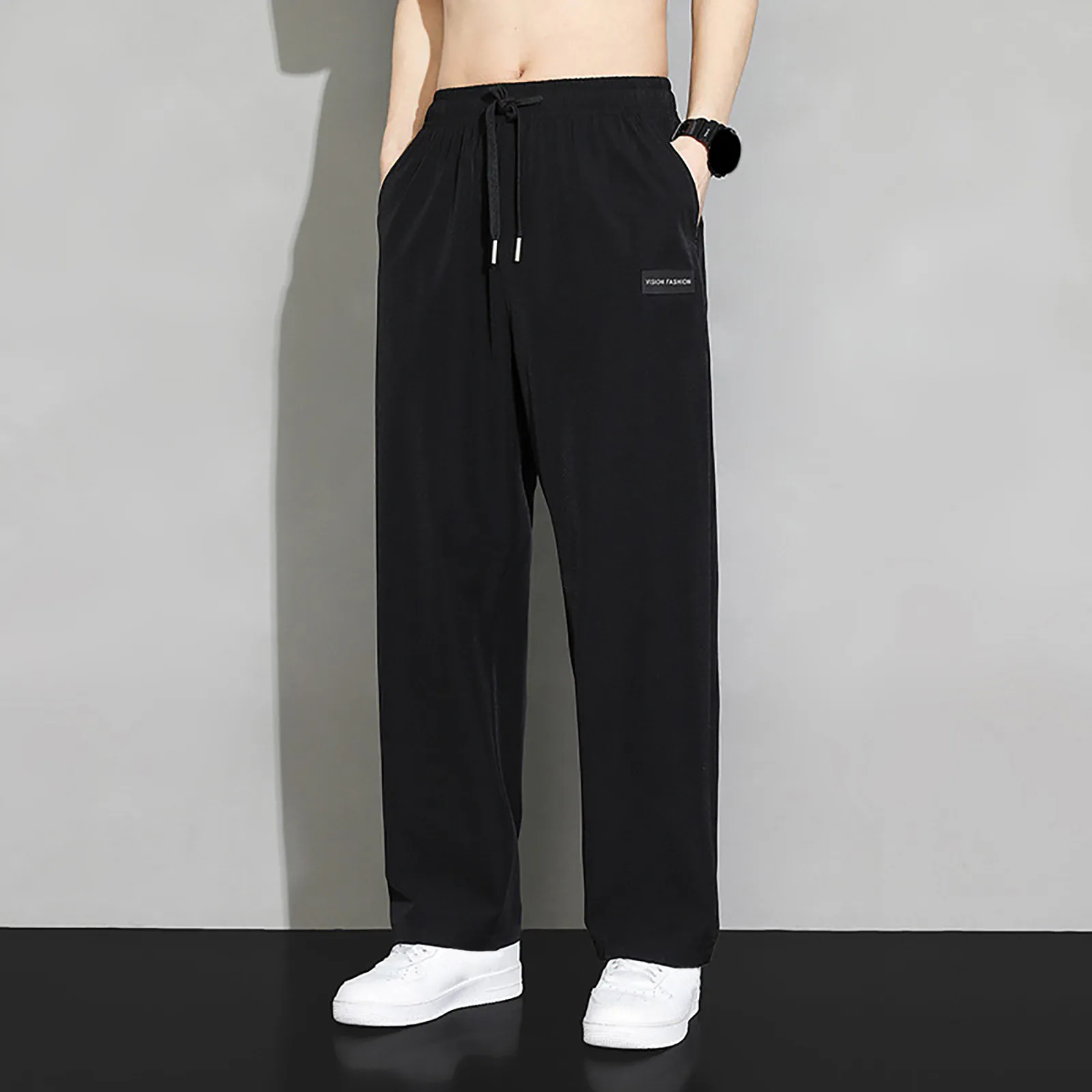 Casual Pant Men Solid Baggy Wide Leg Pants Ankle Length Elastic Waist Loose Straight Trousers Men Tracksuit Bottoms Large Szie