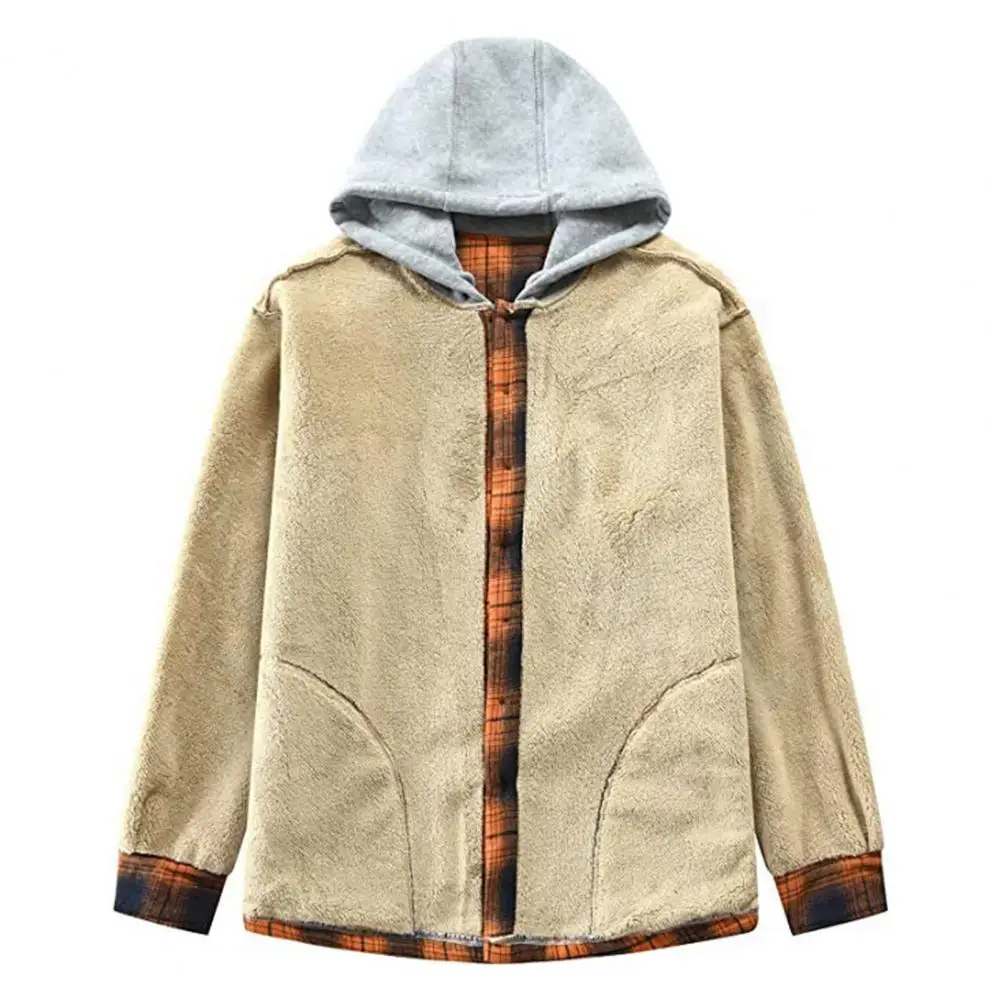 Hooded Jacket Stylish Men's Plaid Pattern Coat Fleece Lined Hooded Cardigan with Drawstring Long Sleeve Loose Fit Outwear Men