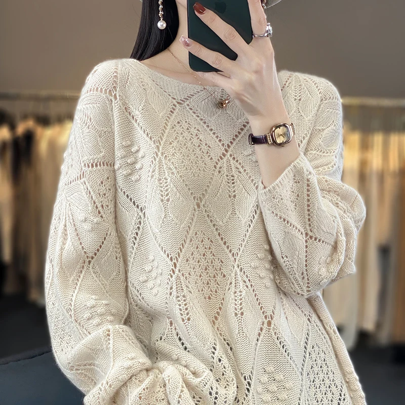 Spring and summer 2025 cashmere sweater thin pullover women's knitted hollow-out O-neck women's new pure wool sweater New products