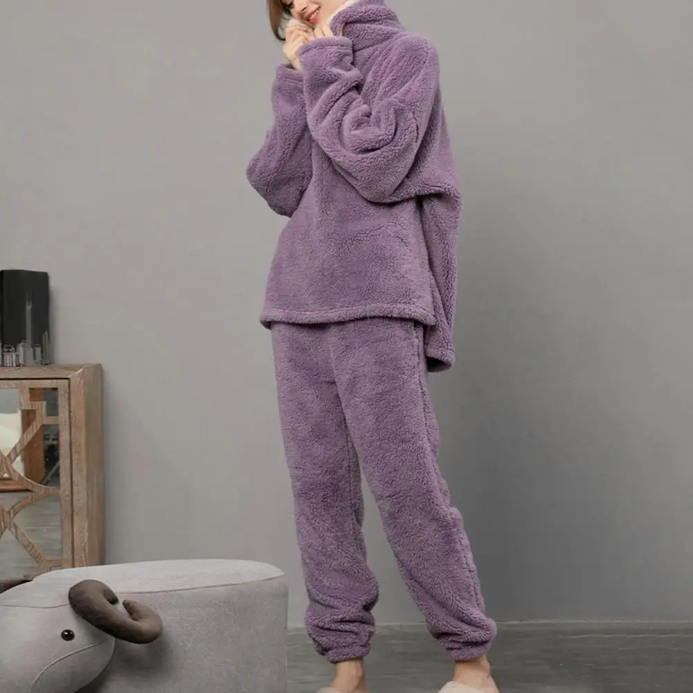 New Pama Sets Women s Solid Long Sleeve Winter Woman Fluffy Pijama Suit with Pants Thick Warm Fleece Home Clothes for Female