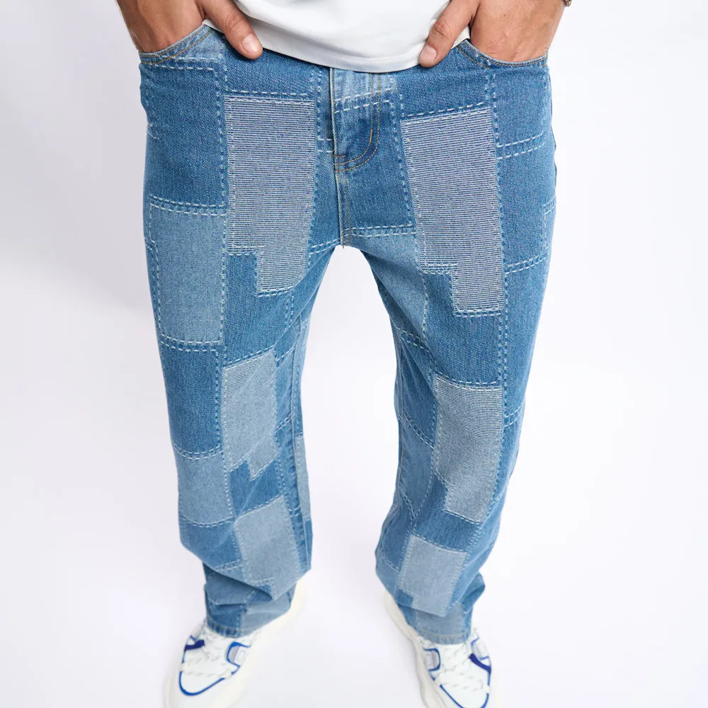 Men Loose Personalized Spliced Jeans High Quality Male Streetwear Straight Denim Pants