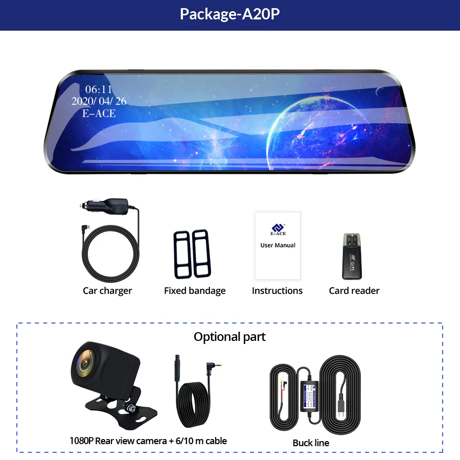 E-ACE A20P car dvr Car Mirror Rearview Dash Cam Car Mirror dash cam for cars dvr in the car car assecories Dashcam