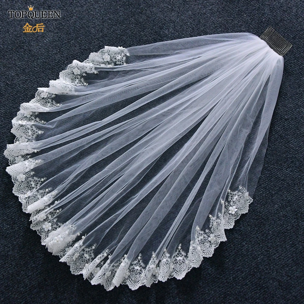 TOPQUEEN Bridal Veils with 3d Flowers Wedding Veil Short Veil Soft Elbow Length Pearl Veil with Comb Lace Edge Bride Veu V96