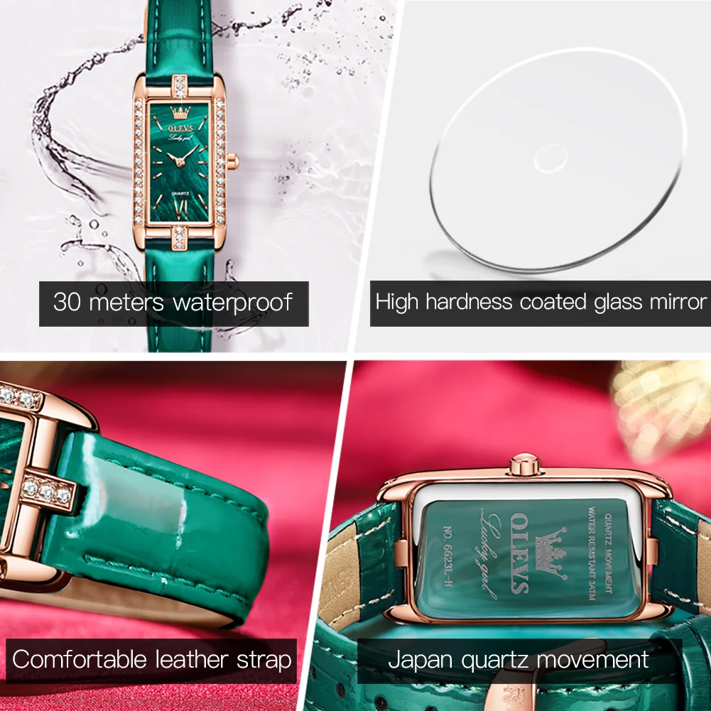 OLEVS Luxury Quartz Watch for Women New Diamond Square Waterproof Laidies Leather Wrist Watches Valentine's Day Gift for Female