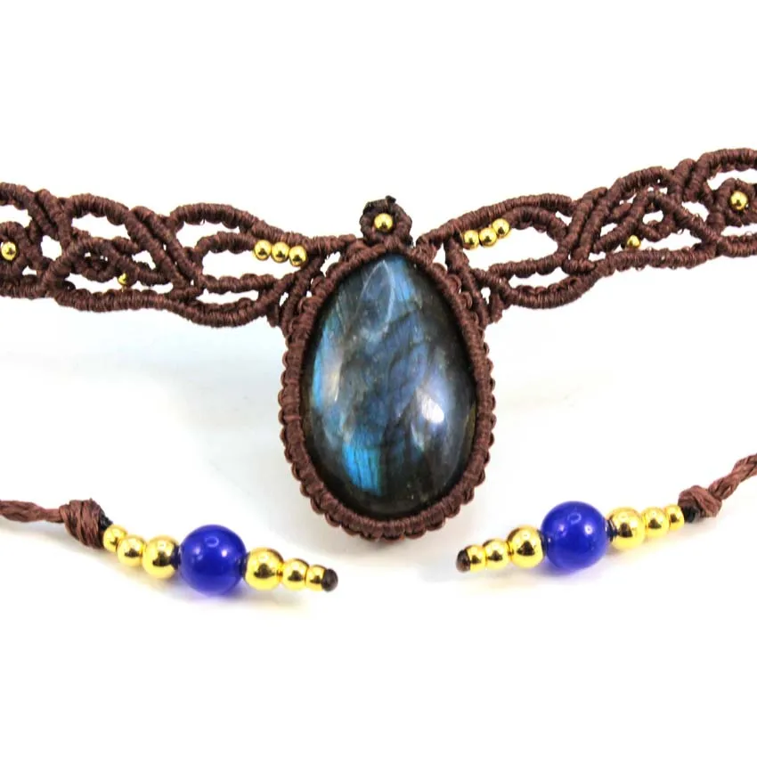 KFT Natural Labradorite Original Stone Water Drop Handmade Thread Rope Wrapped Braided Macrame Chain Necklace Women Girl Jewelry