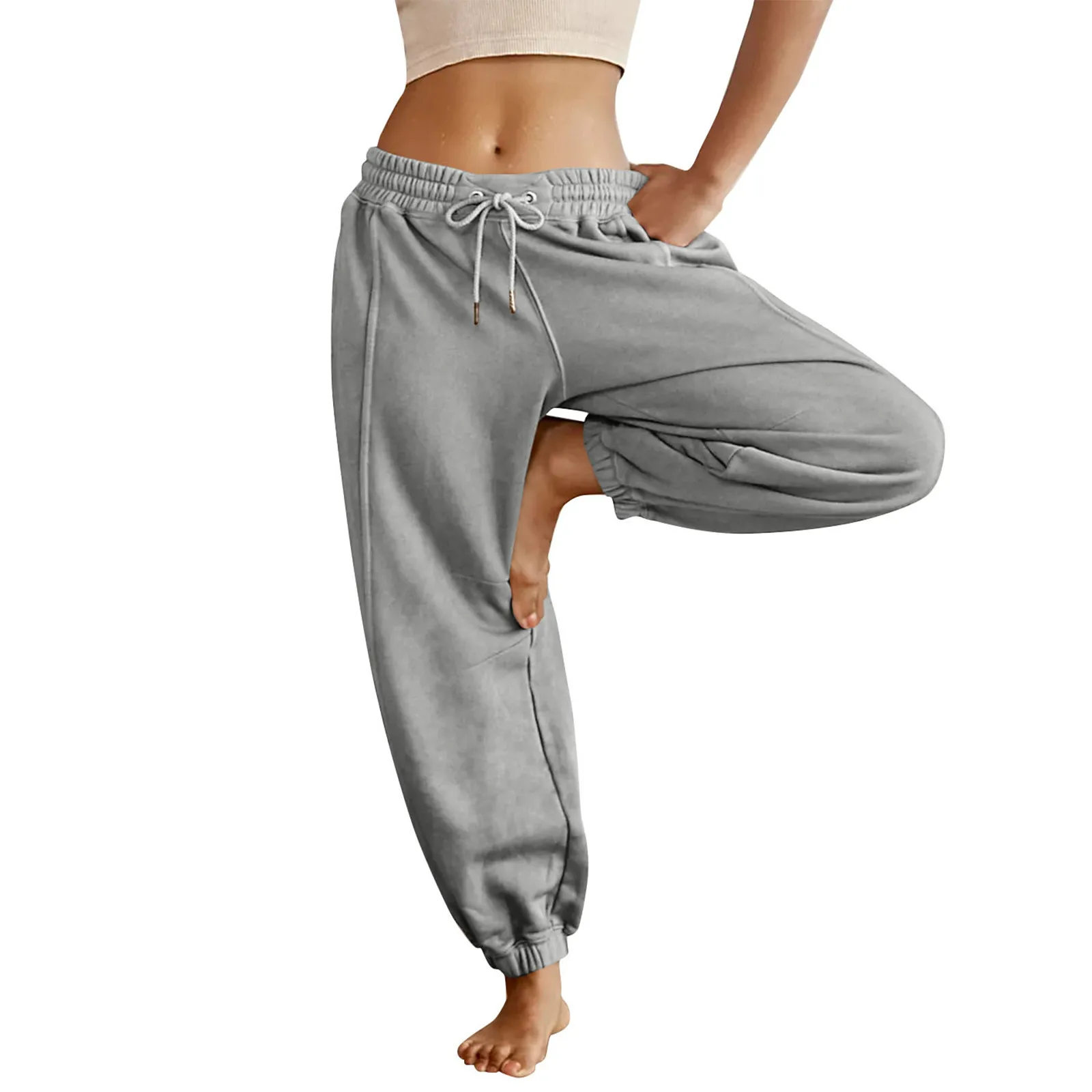 Autumn and Winter Women s High Waist Solid Color Casual Trousers Workout Sports Joggers Pants With Pockets