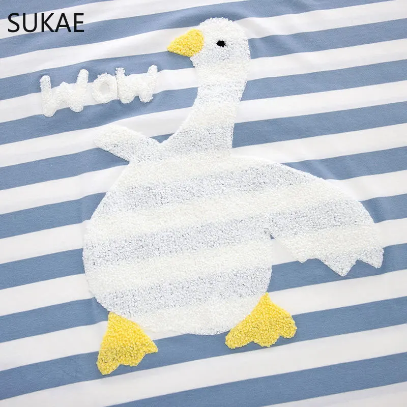 Korean Big White Swan Embroidery Sleepshirt for 2025 Women Summer Short Sleeve Long Nightgowns Mid-Calf Gowns Blue new Strip Nightdress