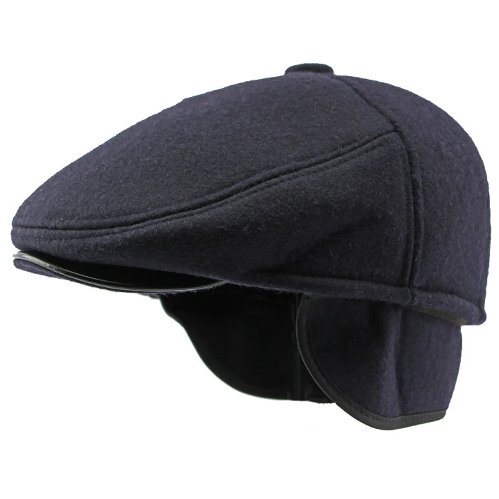 HT4287 Thick Warm Winter Caps for Men Solid Black Grey Ivy Newsboy Flat Cap Male 5 Panels Beret Hat with Ear Flaps Beret Caps