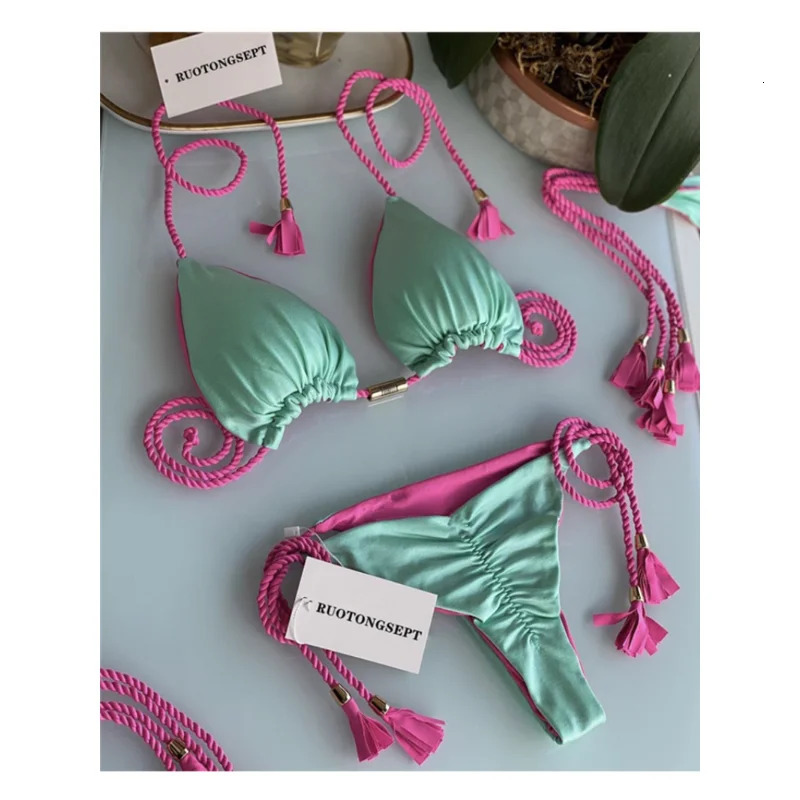 Women Sexy Bikini Thong Bandage Swimsuit Push Up Bikinis Set Pink Halter Swimwear Female Summer Beach Wear 2 Pieces Bathing Suit 240327