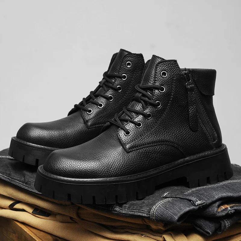 Thick Bottom Mens Black High Top Shoes Genuine Leather Ankle Boots for Men High Quality Side Zipper Motorcycle Botas Basic Boots