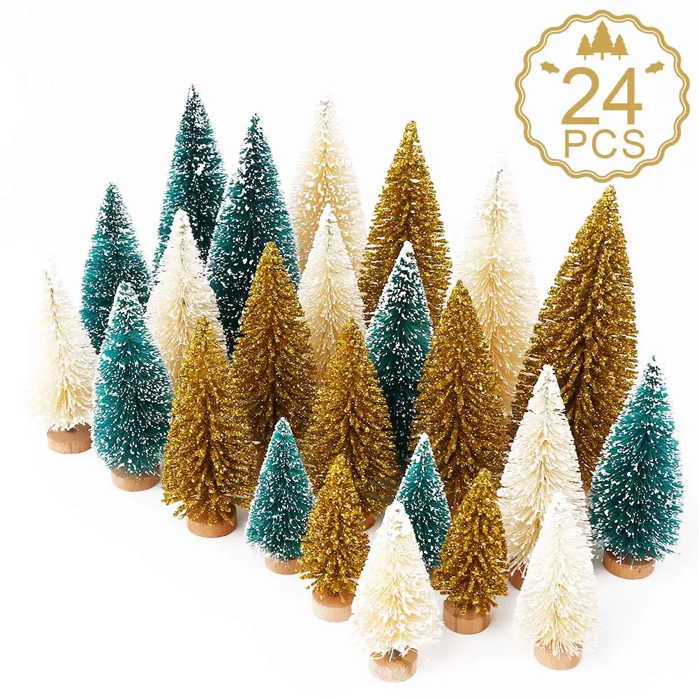 24PCS Artificial Mini Bottle Brush Trees Christmas Village 2025 Trees with Wood Base, Small Sisal Tree for new Tabletop Christmas Decor