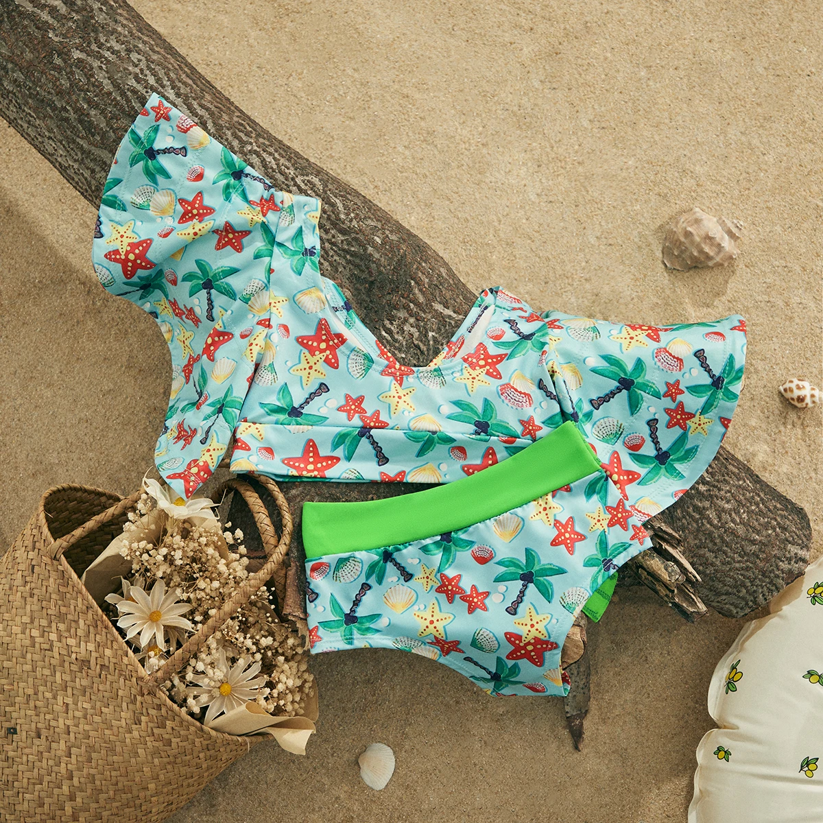 EWODOS 1-6 Years Toddler Baby Girl 2PCS Ruffles Sleeve Swimwear Bikini Sets Summer Floral/Striped Print Swimsuit Kids Bikini Set
