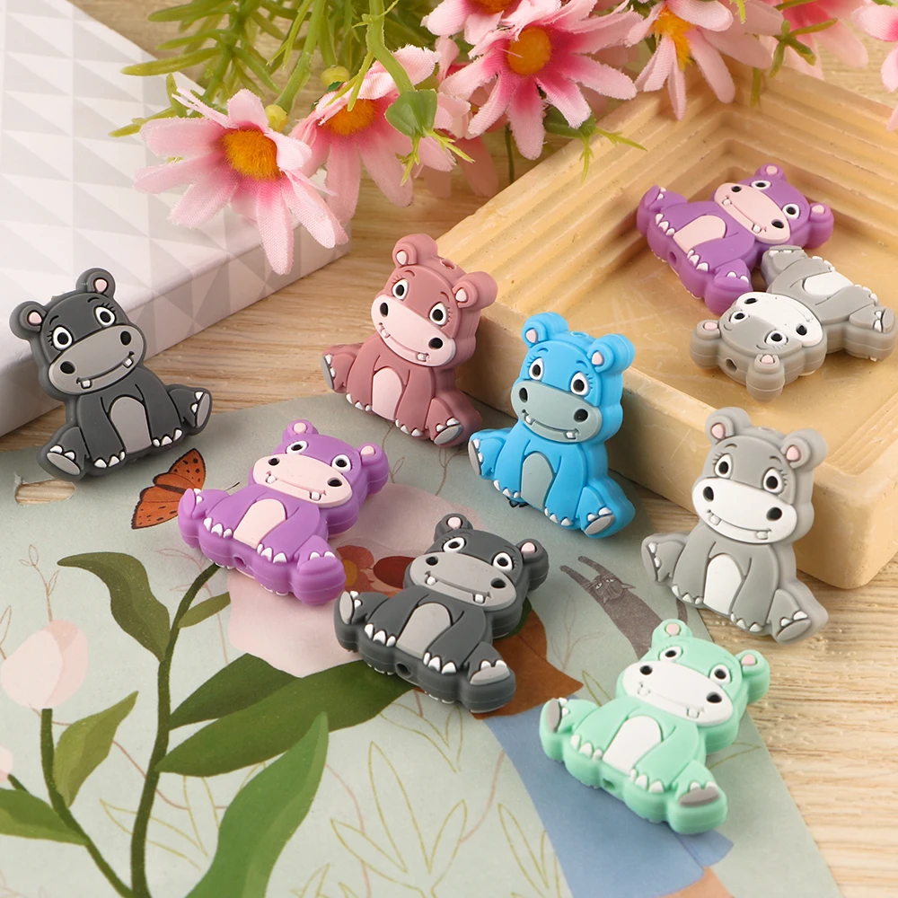 Sunrony 10pcs Dog Hippo Dolphin 2025 Silicone Beads Food Grade For new DIY Pacifier Chain Accessories For Pens Jewelry Making