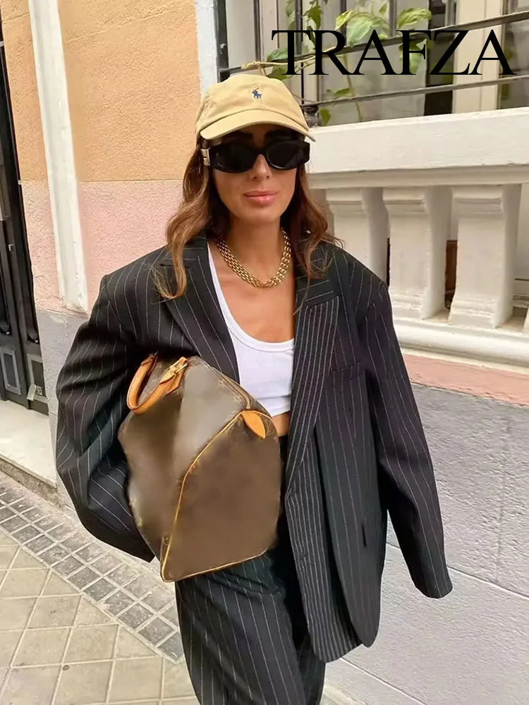 TRAFZA 2024 Woman Autumn Oversize Jackets Coat Suit Office Women Blazer Elegant Outerwear Women Striped Blazer Outfits Jacket