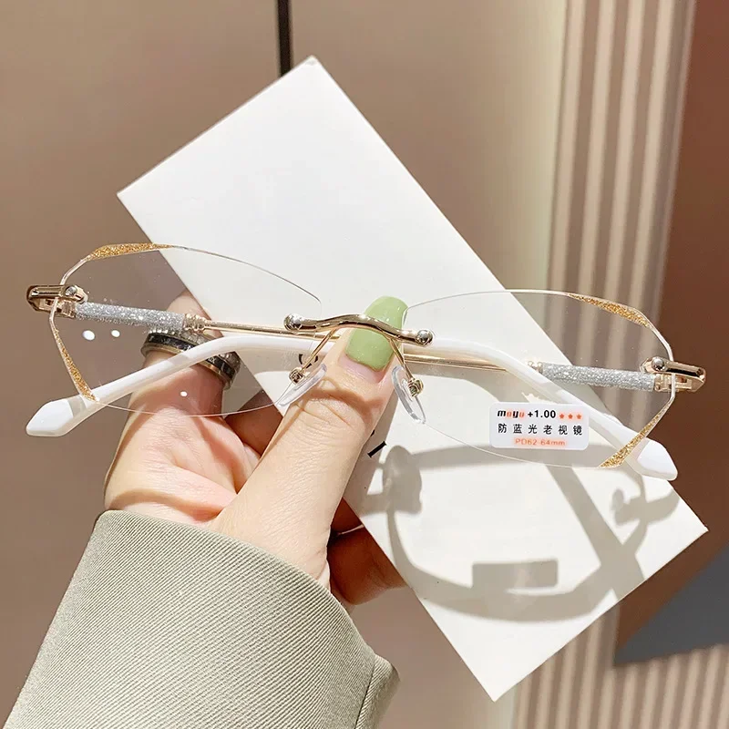 Diamond Cutting Rimless Ladies Myopia Glasses Anti Blue Light Minus Eyeglasses Finished Prescription Near Sight Eyewear Diopter
