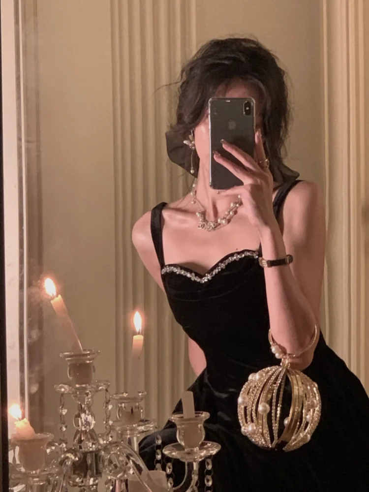 Elegant 2025 Wedding Party Black Veet Midi Dresses for Women 2023 Autumn new Square Neck Long Sleeves Evening Prom Mini Female Clothing
