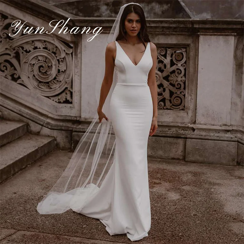Yunshang Elegant Mermaid Wedding Dresses Women V-Neck Lace Open Back Spaghetti Straps Bridal Gown Sweep Train Vestidos De Novia
