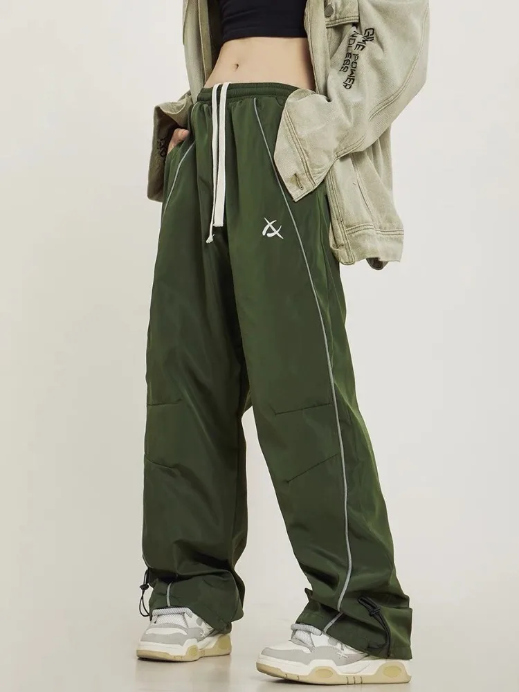 HOUZHOU Y2k Cargo Track Pants Women Harajuku Striped Baggy Green Joggers Casual Oversized Hip Hop Sweatpants Wide Kpop Fashion