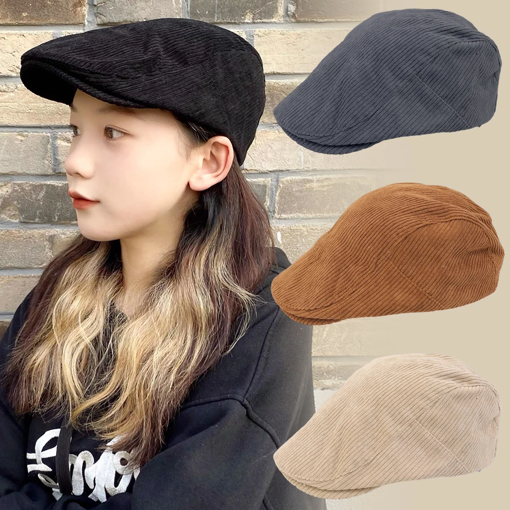 Autumn Corduroy Beret Hat for Men Sun Hats Solid Color Berets Vintage Newsboy Caps Flat Ivy Casquette Adjustable Cabbie Hat