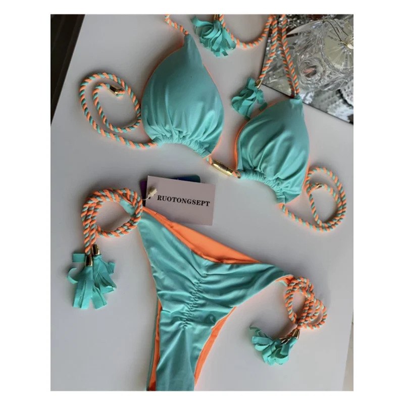 Women Sexy Bikini Thong Bandage Swimsuit Push Up Bikinis Set Pink Halter Swimwear Female Summer Beach Wear 2 Pieces Bathing Suit 240327