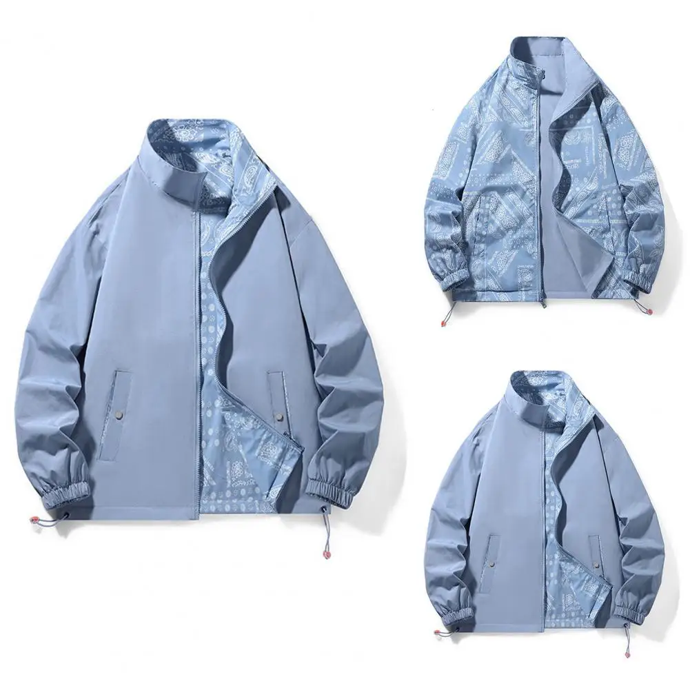 Men Fall Spring Jacket Reversible Double sided Wear Coat Print Smooth Loose Windproof Long Sleeve Stand Collar