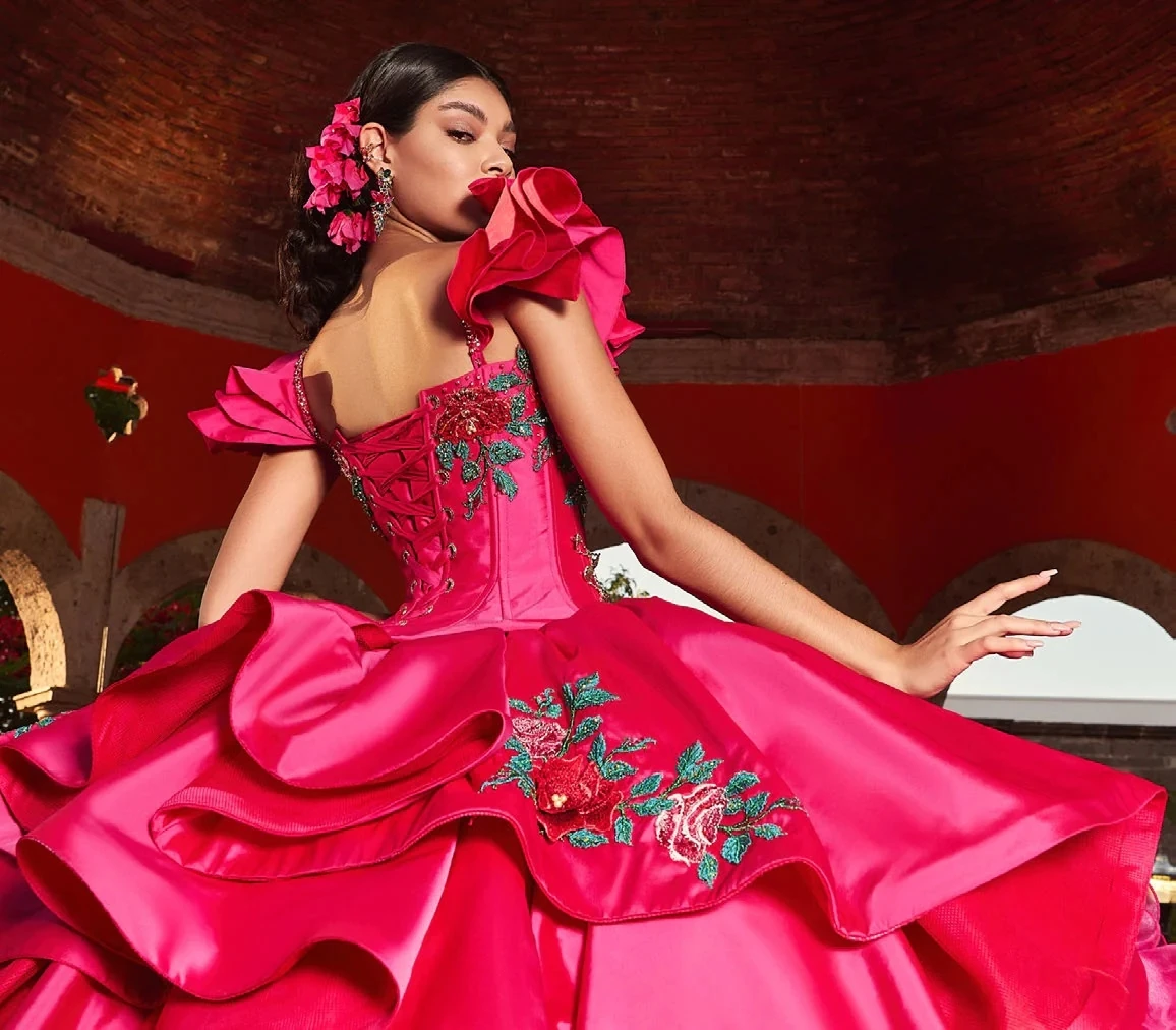 Charro Organza Quinceanera Ball Gown Off The Shoulder Appliques Beaded Puffy Mexican Sweet Dresses Anos