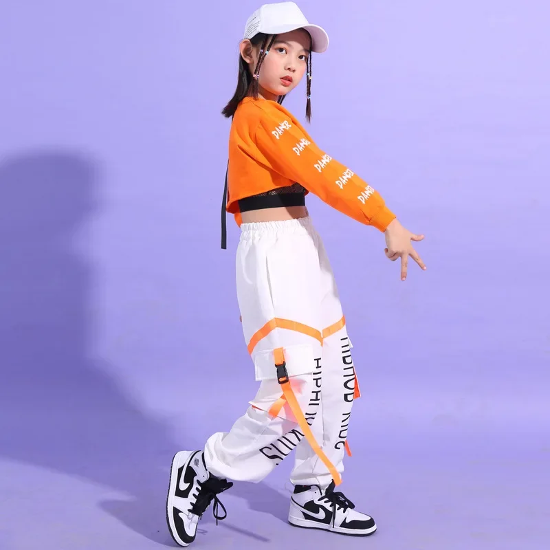 Hip Hop Girls Crop Top Contrast Cargo Pants Boys Sweatshirt Joggers Child Streetwear Clothes Sets Kids Street Dance Jazz Costume