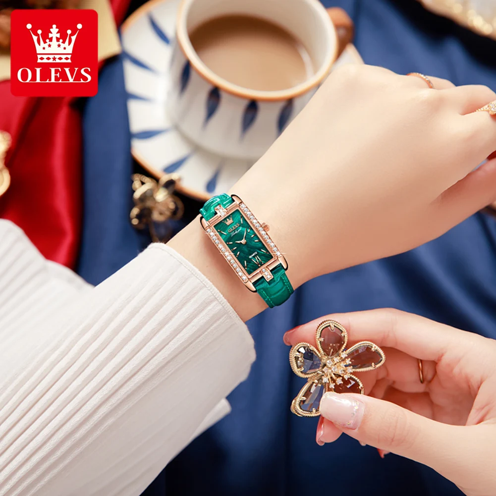 OLEVS Luxury Quartz Watch for Women New Diamond Square Waterproof Laidies Leather Wrist Watches Valentine's Day Gift for Female