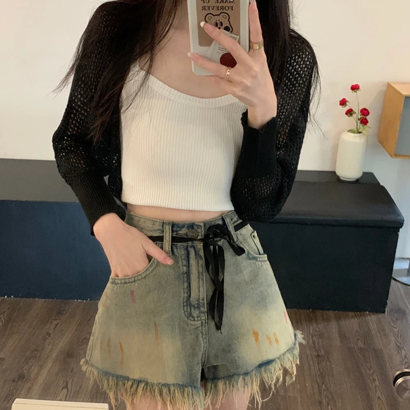 Women's Open new Front Knit Cardigan Long 2025 Sleeve Hollow Out Solid Color Loose Crop Tops