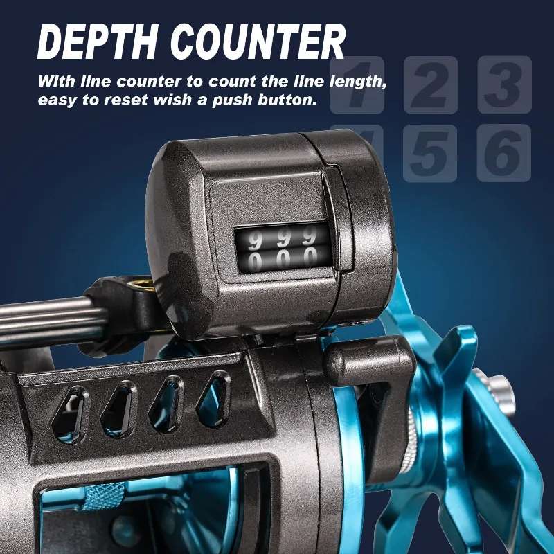 Sougayilang Saltwater Fishing Reel with Counter Aluminum Alloy Spool Blue Trolling Reel Max Drag 66LB Full Metal Fishing Reel