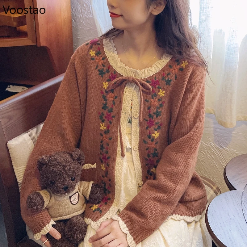 Vintage Cute Knitted Cardigan Women Elegant Sweet Flower Embroidery Jacquard Sweater Jackets Female Casual Long Sleeve Knit Coat
