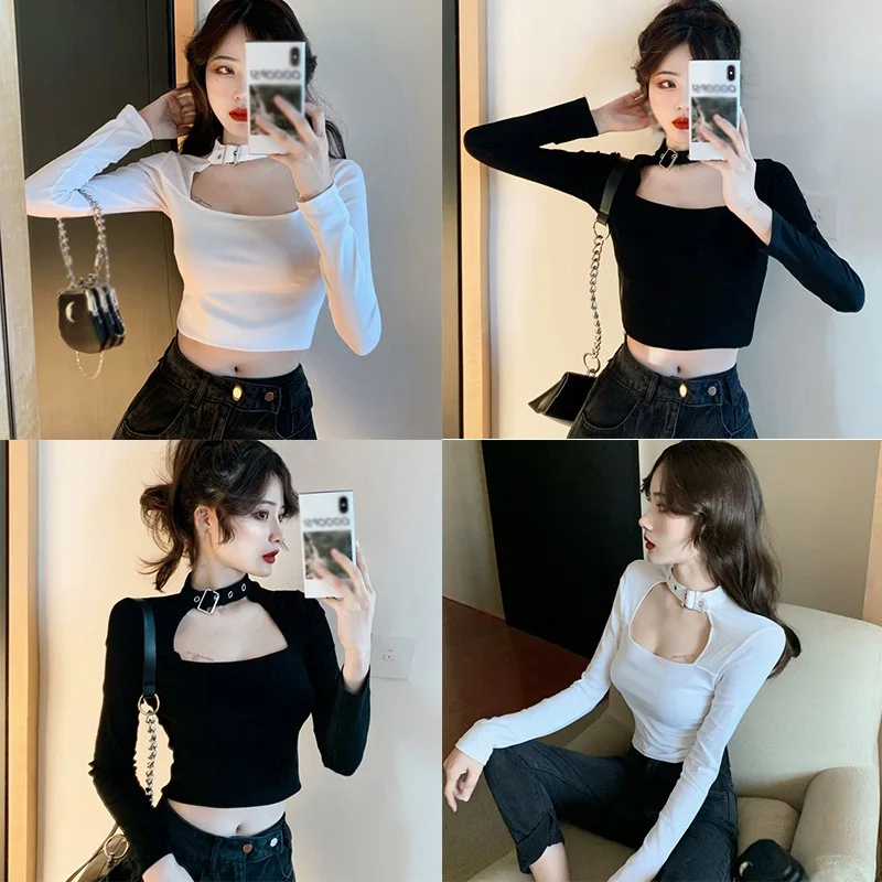Women's Square Collar Slim Sexy Navel Exposed Long Sleeved T-shirt Tops