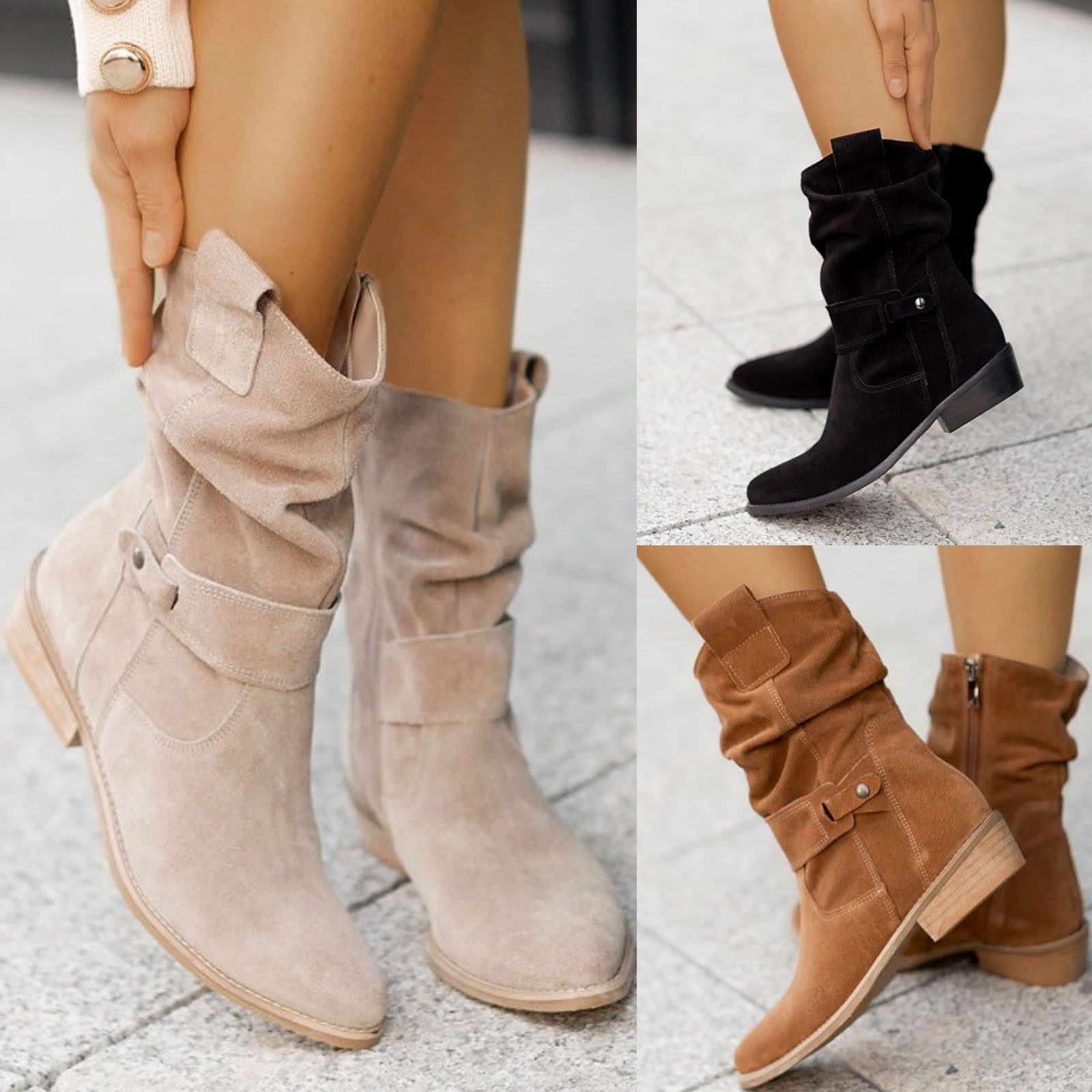 2023 Winter Warm Suede Women Boots Vintage Zipper Shoes Buckle Lady Mid-calf Boot Outdoor Thick Low Heel Female Pointed Booties