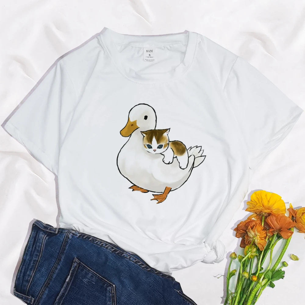 Make Fun of Duck Funny Kawaii Cat Print Clothing Women T Shirt Aesthetics Graphic White Short Sleeve Polyester Women's T Shirt
