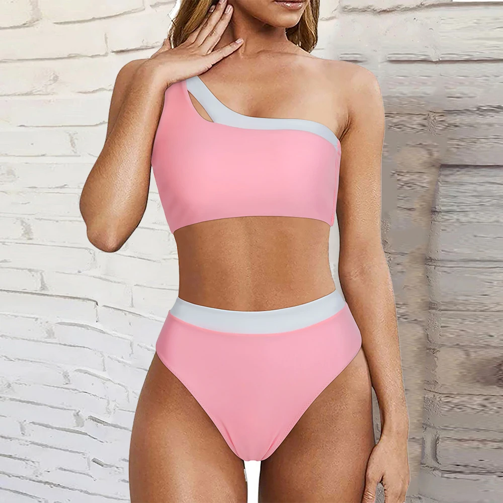Women Shoulder One Bikini 2023 High Waist Two Pieces Swimsuit Push Up Micro Bikini Swimwear Women Swimsuit Beachwear Female smile