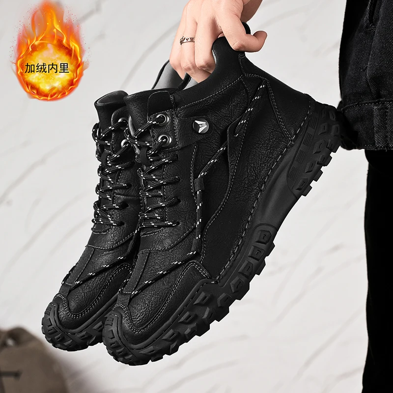 Winter Men Ankle Boots new with Fur Handmade Leather Snow Boots Designer Keep Warm Boots 2025 High Quality Work Boots Outdoor Sneakers
