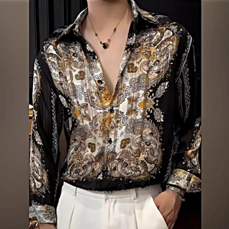 Luxurious Ethnic Retro Baroque Court Print Shirt Camiseta Masculina Quality Shirt For Men Social Club Outfits Trend Shirt Men