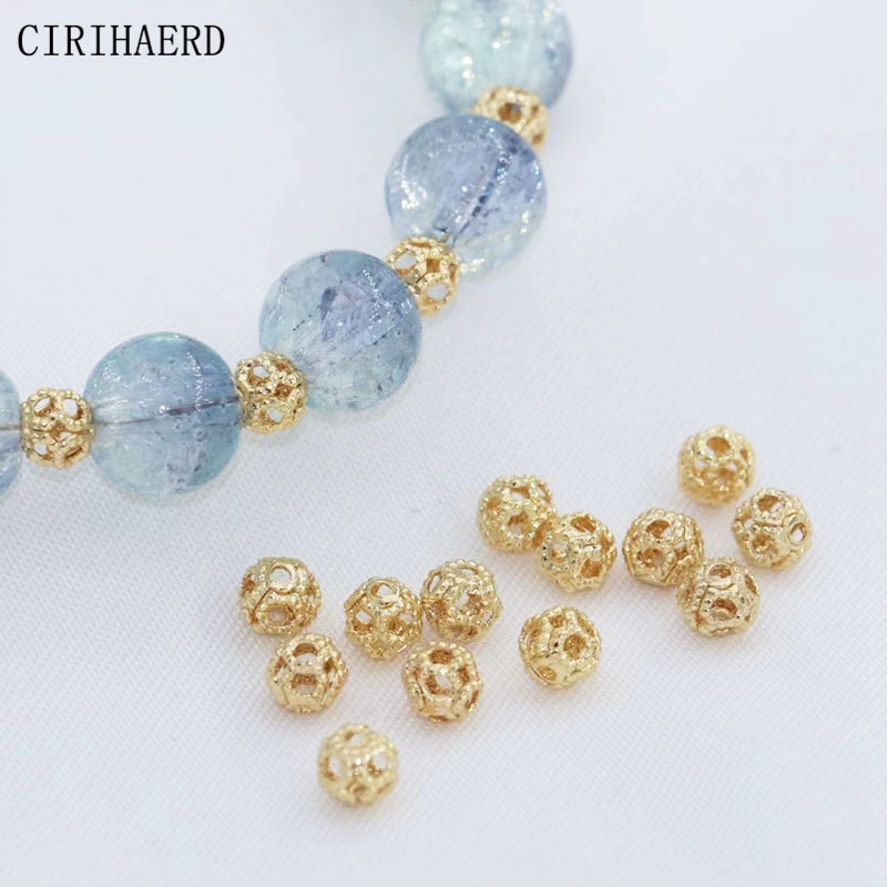 4mm 14K Gold/Silver Plated Round Hollowed-Out Small Beads Supplies For Jewelry Making DIY Accessories Bulk Spacer Bead Findings