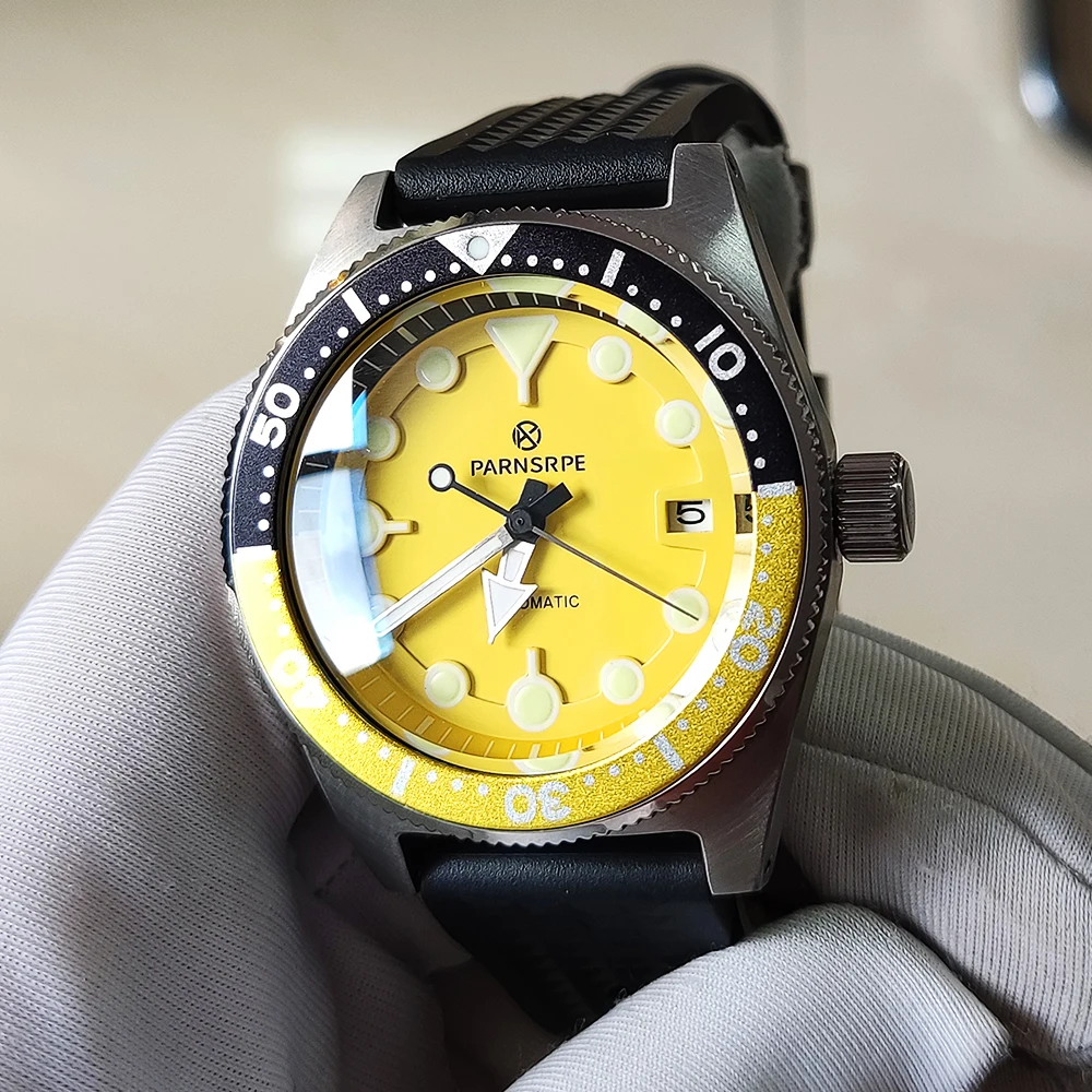 PARNSRPE Luxury Men's Watch 40mm Sapphire Glass Yellow Themed Automatic Mechanical Watch Japan NH35A with Luminous Aseptic Dial