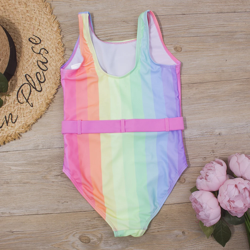 7-14 Years Rainbow Print Kids Girls One Piece Swimsuit Children Baby Summer Swimwear Monokini With Belt Brand Child Bathing Suit