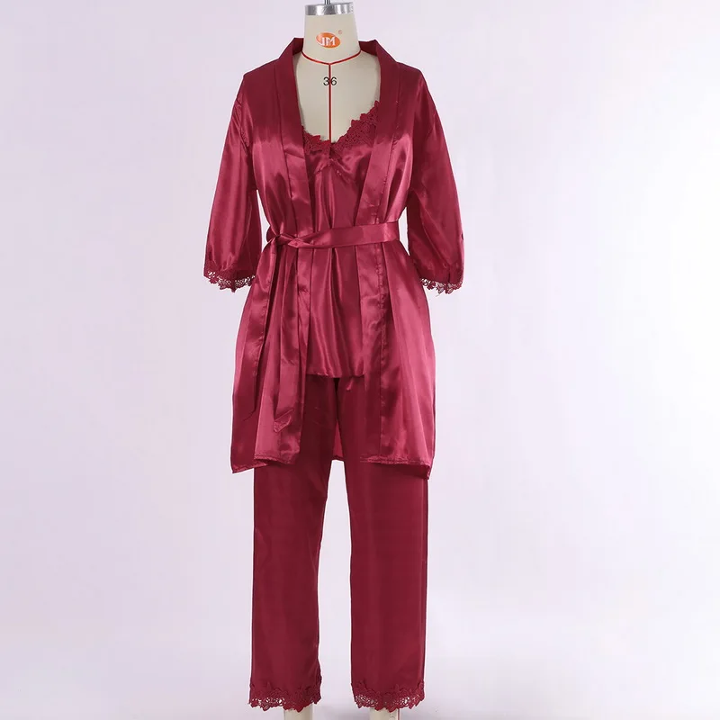 Pajama Set Women Lace Trim Satin Sleepwear Pyjamas Femme Summer Nightwear With Pants Casual Home Wear Kimono Robe Gown PJS