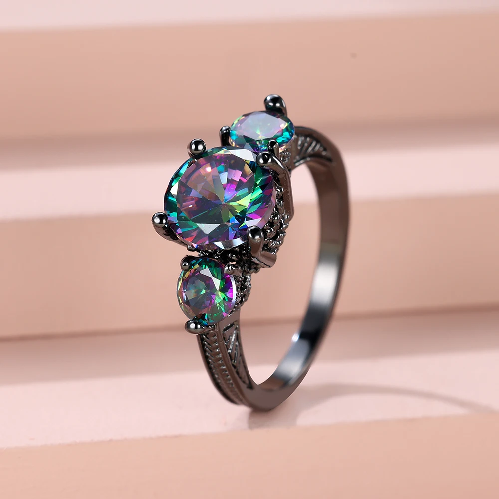 Mystic Rainbow Fire Zircon Round Wedding Bands Black Gold Color Vintage Female Promise Engagement Rings For Women Party Jewelry