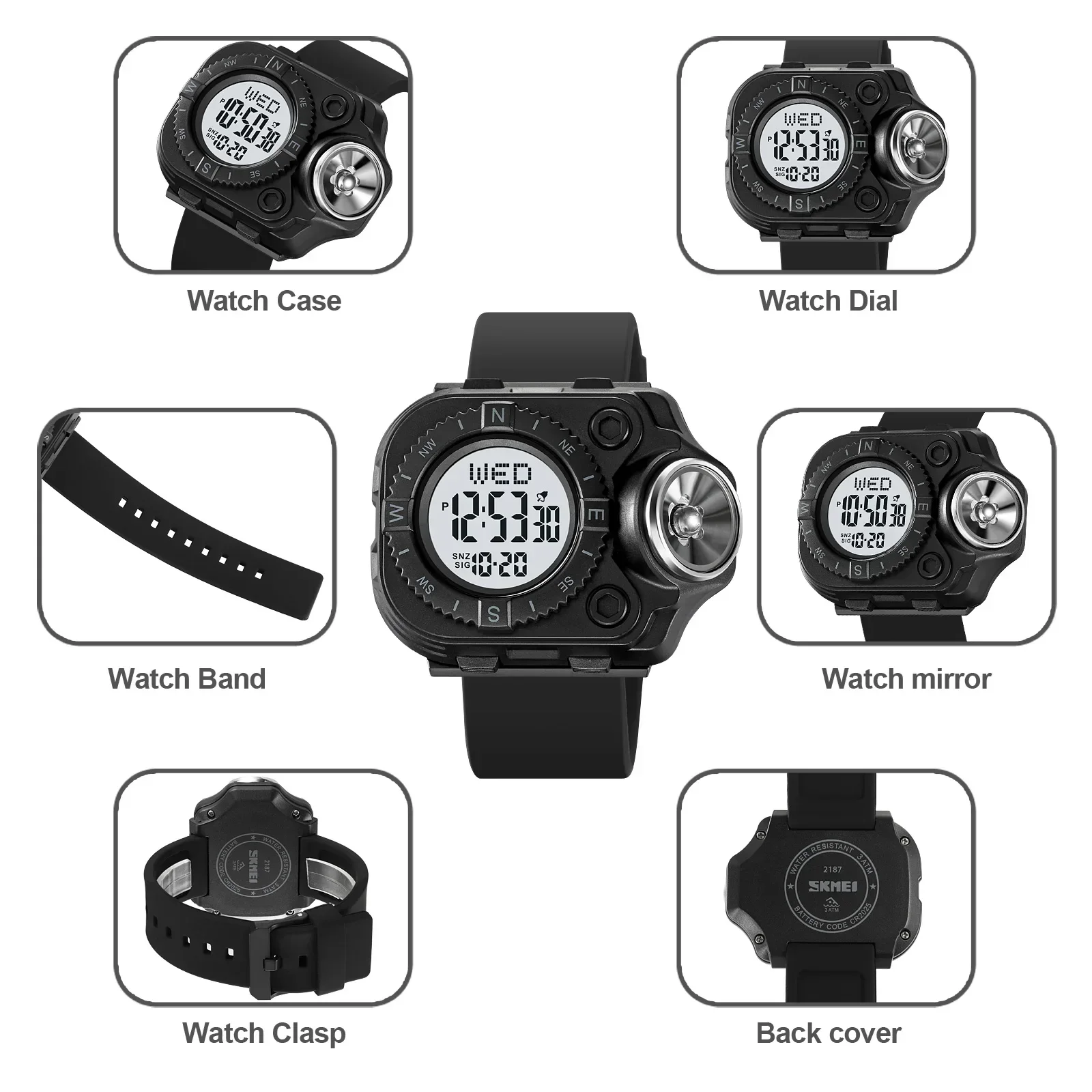 SKMEI Creative LED Flashlight Countdown Sport Watches Men Back Light Digital Wristwatch Waterproof Alarm Stopwatch Clock 2187