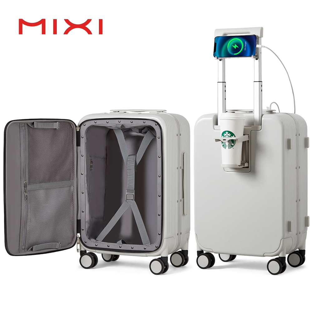 Mixi NEW Aluminum Frame Suitcase Carry On Rolling Lage with USB Port Boarding Cabin Cup and Phone Holder Inch