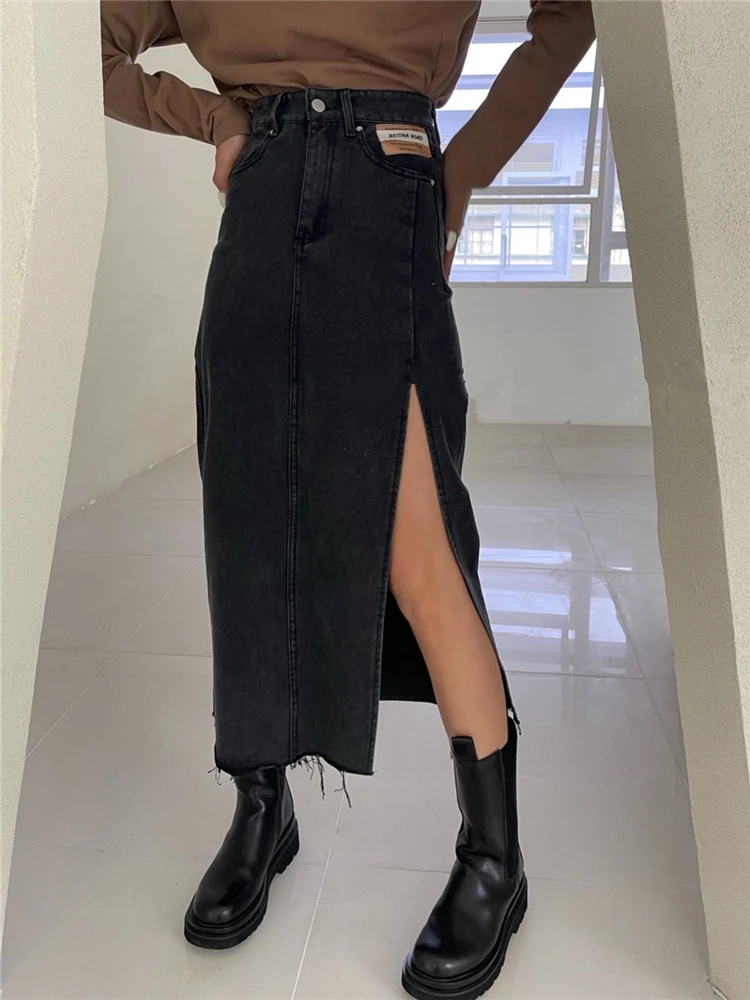 REALEFT New Summer Women's Long Denim Skirts Vintage 2025 High Wasit Jeans new Skirt Straight Side Split A-line Pencil Skirts Female