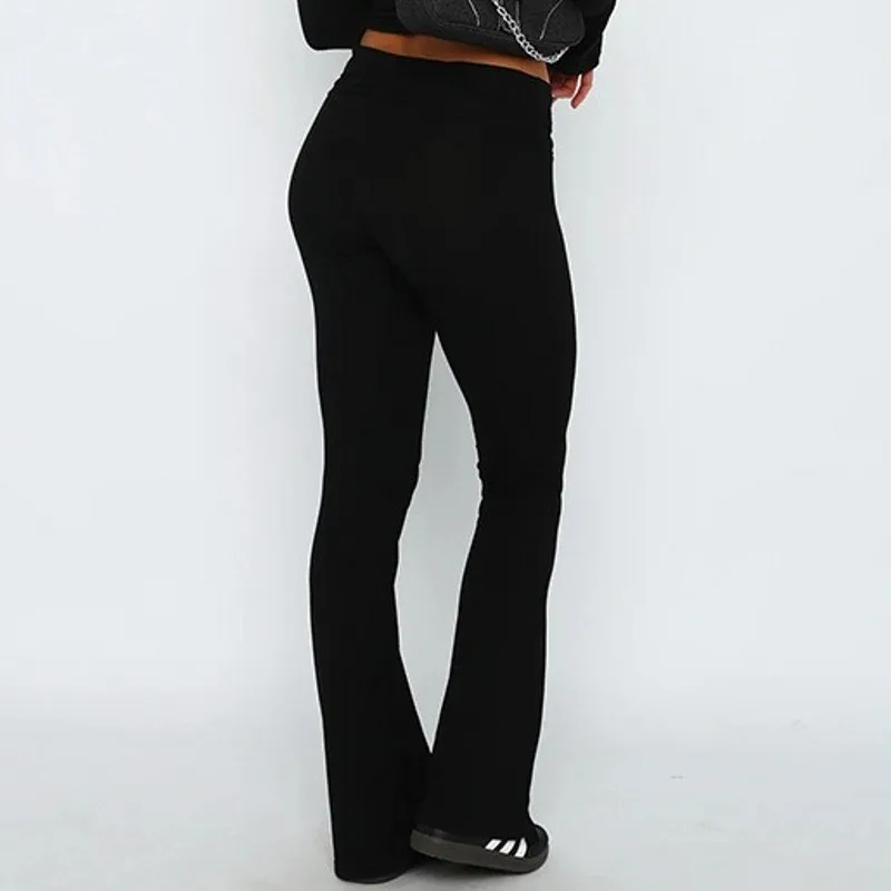 Sexy Spicy Girls Fold Over Flare Long Pants Low Rise Tight Lifting Hip Pants For Women Solid Color American Casual Yoga Trousers