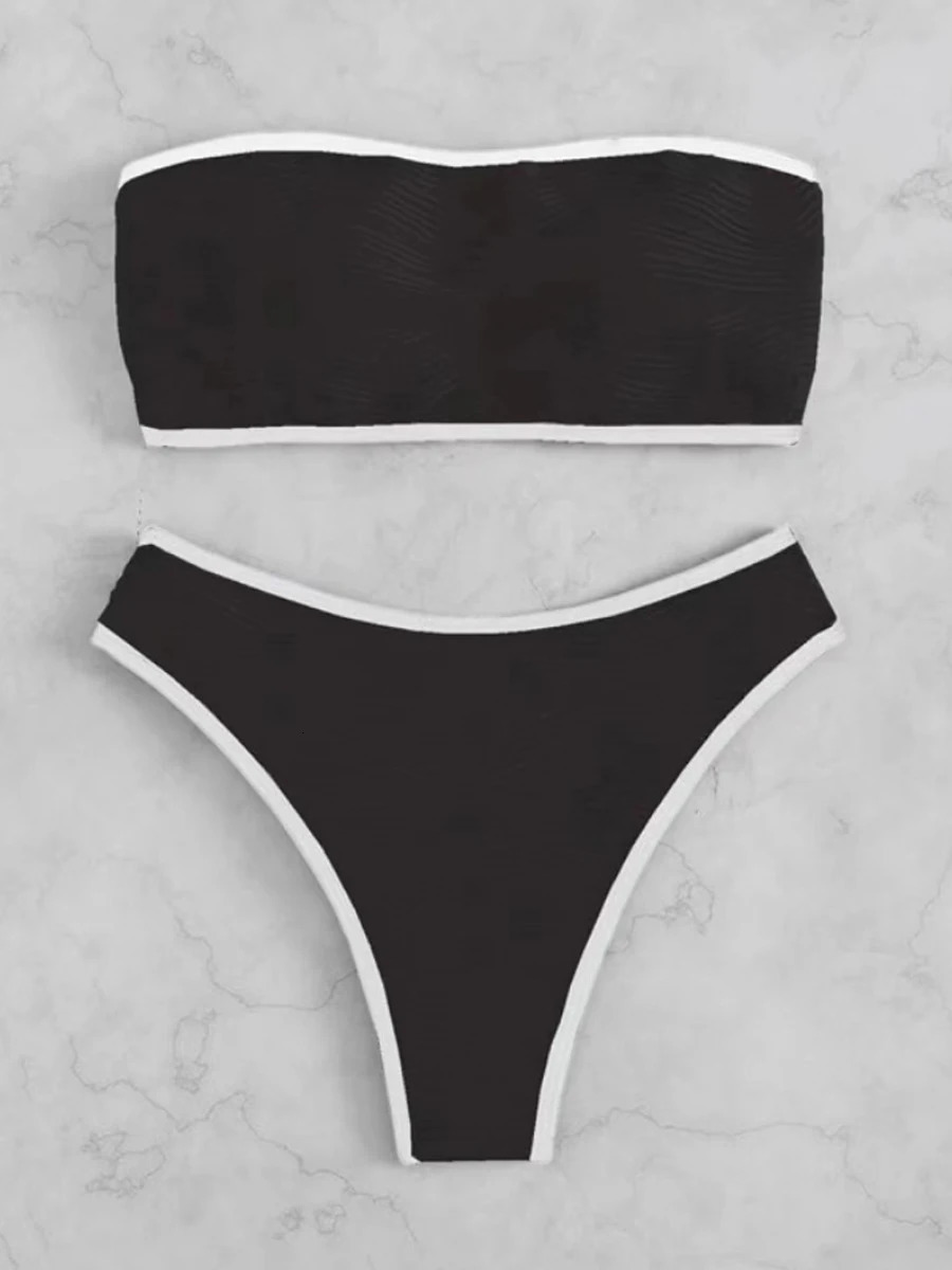 Sexy Bandeau High Waist Bikini 2023 Women Triangle Swimsuit Stitch Detail Swimwear Padded Bathing Suit Female Solid Beachwear 240327